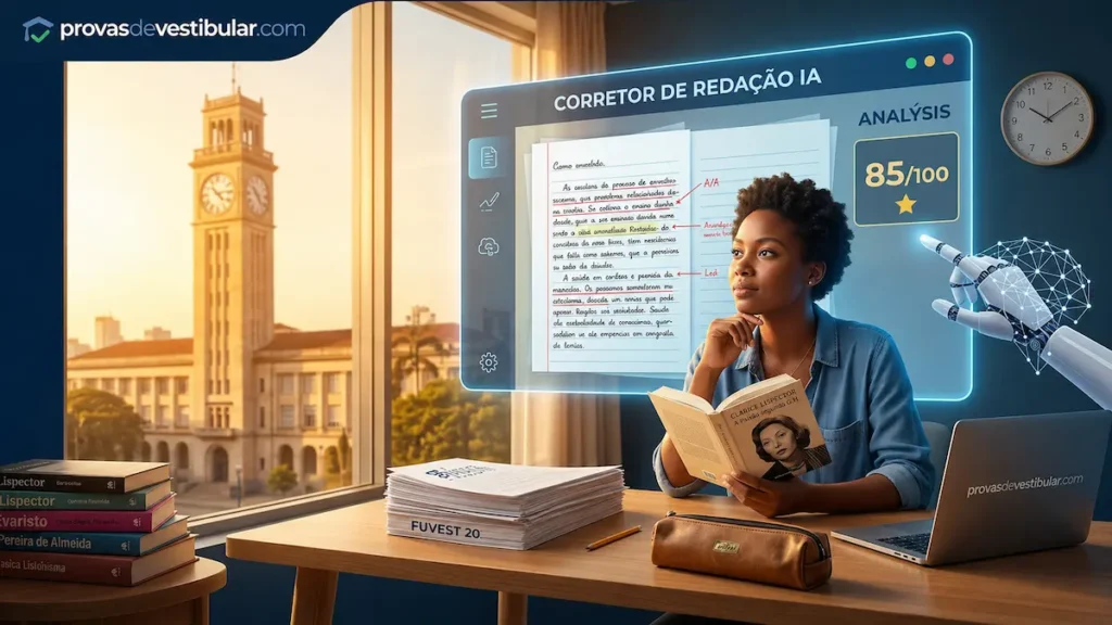 Estudante preparando-se para o vestibular FUVEST 2027 com simulador de redação por inteligência artificial, livros obrigatórios de autoras e provas anteriores digitalizadas, com o Relógio da USP ao fundo